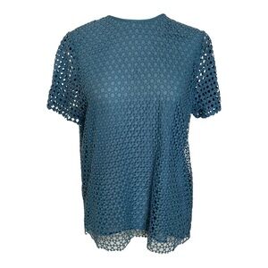 Tory Burch Blue Crescent Guipure Lace Short Sleeve Top Size 14